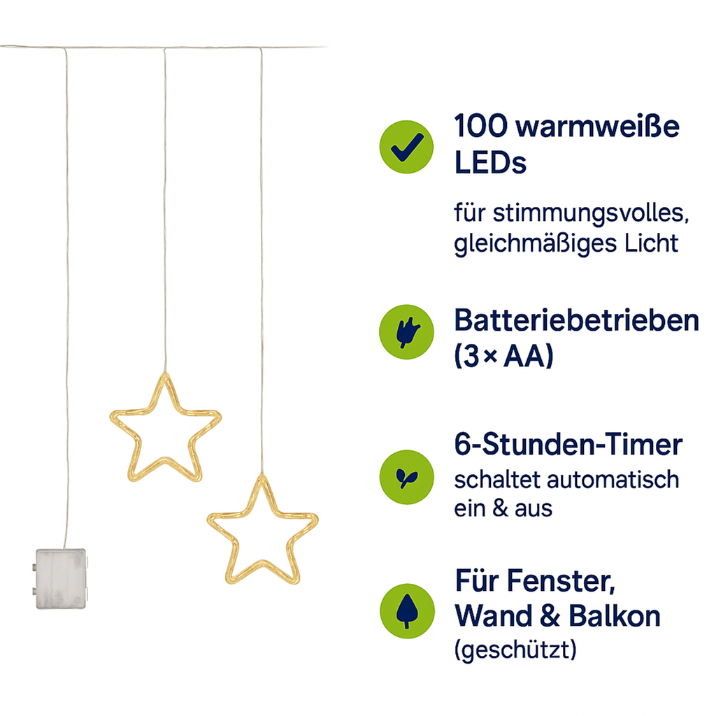LED Sternenvorhang warmweiß 100 LEDs Batteriebetrieb Timer 100x65cm – Galeriebild 11, Artikelnummer 18317