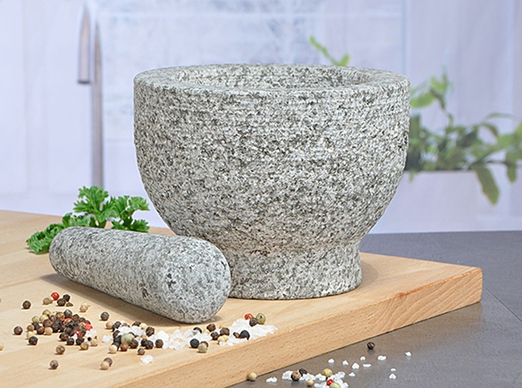 Mörser mit Stößel Reibe Zerkleinerer Gewürz Mühle aus Granit – Galeriebild 6, Artikelnummer 8725