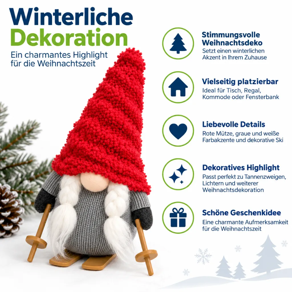 Dekofigur Wichtel mit Ski 20 cm rote Zipfelmütze Weihnachtsdeko – Galeriebild 1, Artikelnummer 18500
