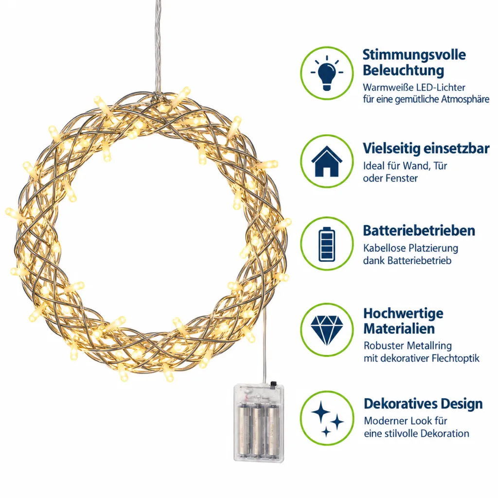 Metall Kranz mit 40 LEDs ca. Ø 30 cm – Galeriebild 1, Artikelnummer 18521