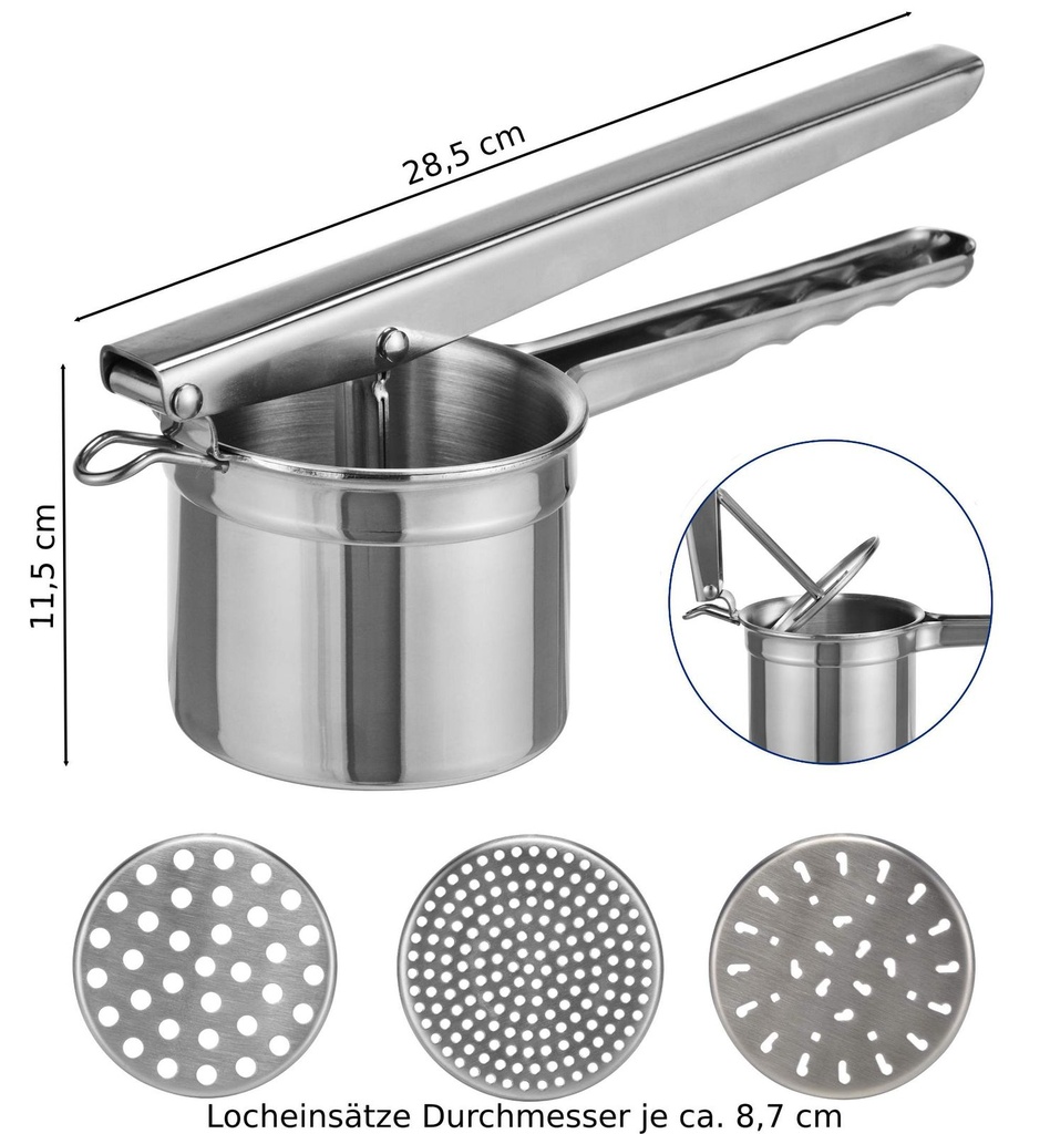 Edelstahl Kartoffelpresse Spätzlepresse 3 Locheinsätze – Galeriebild 1, Artikelnummer 8259