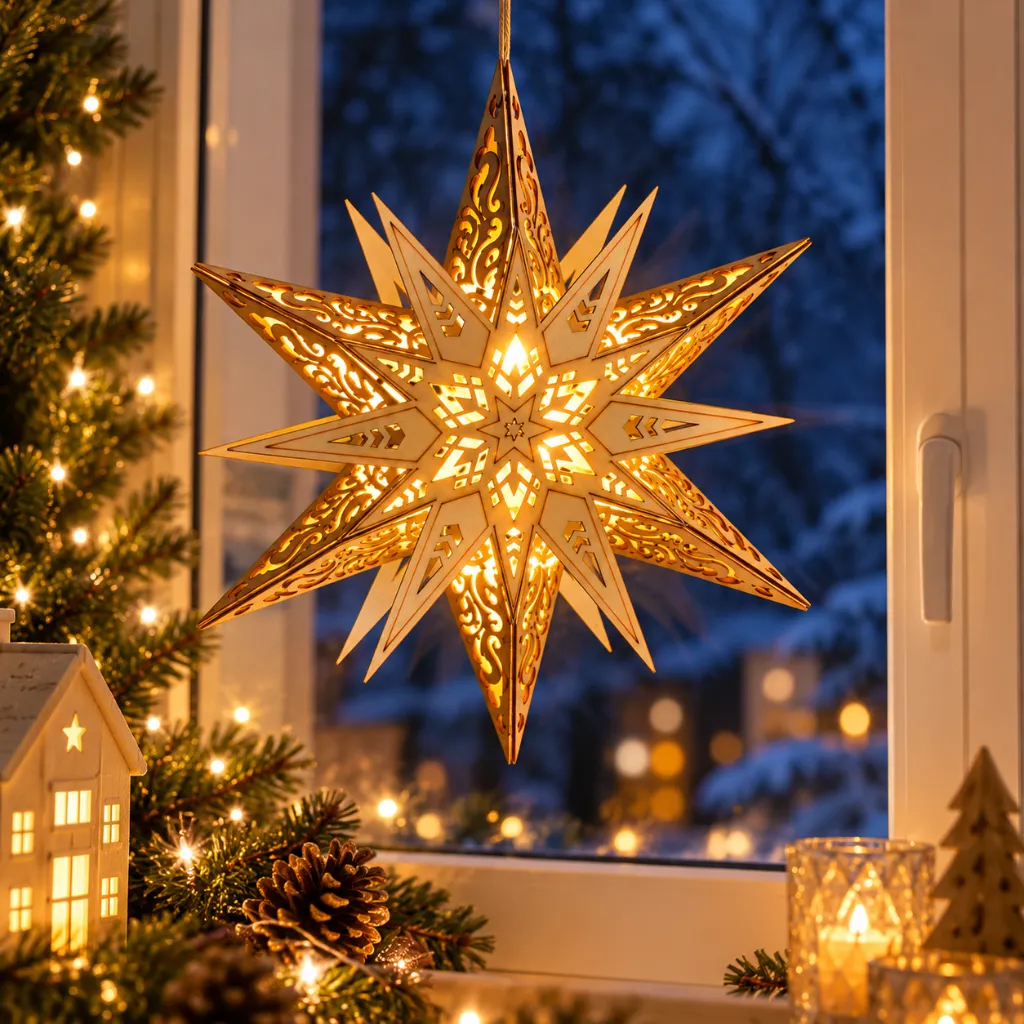 LED Weihnachtsstern Holz 6 warmweiße LEDs Batteriebetrieb Ø29 cm – Galeriebild 3, Artikelnummer 3100