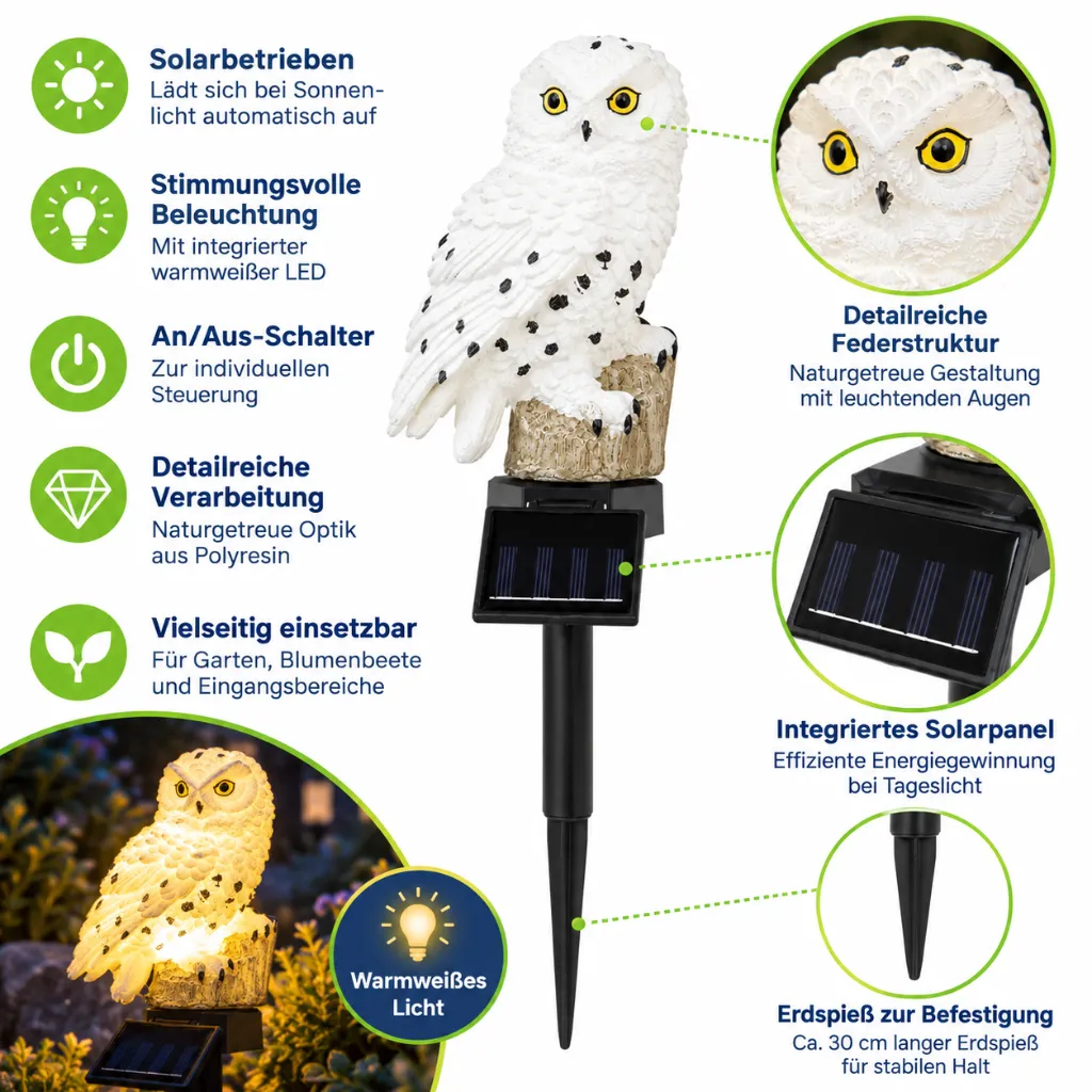 LED Solar Schneeeule Gartenstecker 45 cm mit weißer LED Gartendeko – Galeriebild 1, Artikelnummer 18533