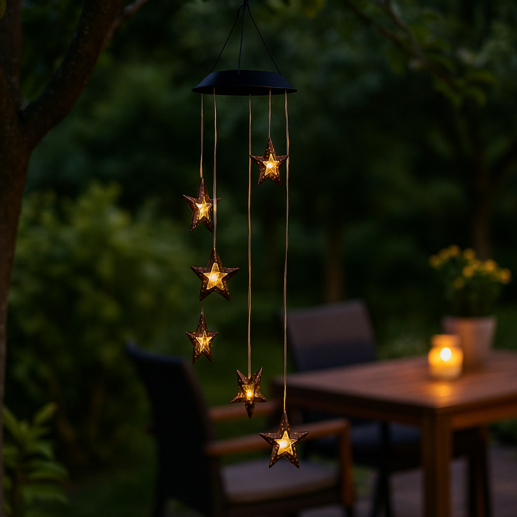 LED Solar Hänge-Windspiel Sternenstaub mit 6 Metallsternen warmweiß – Galeriebild 8, Artikelnummer 18320