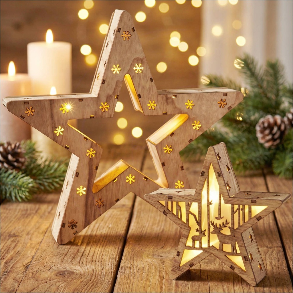 Zwei LED Holzsterne 16 LED Weihnachtsstern Deko