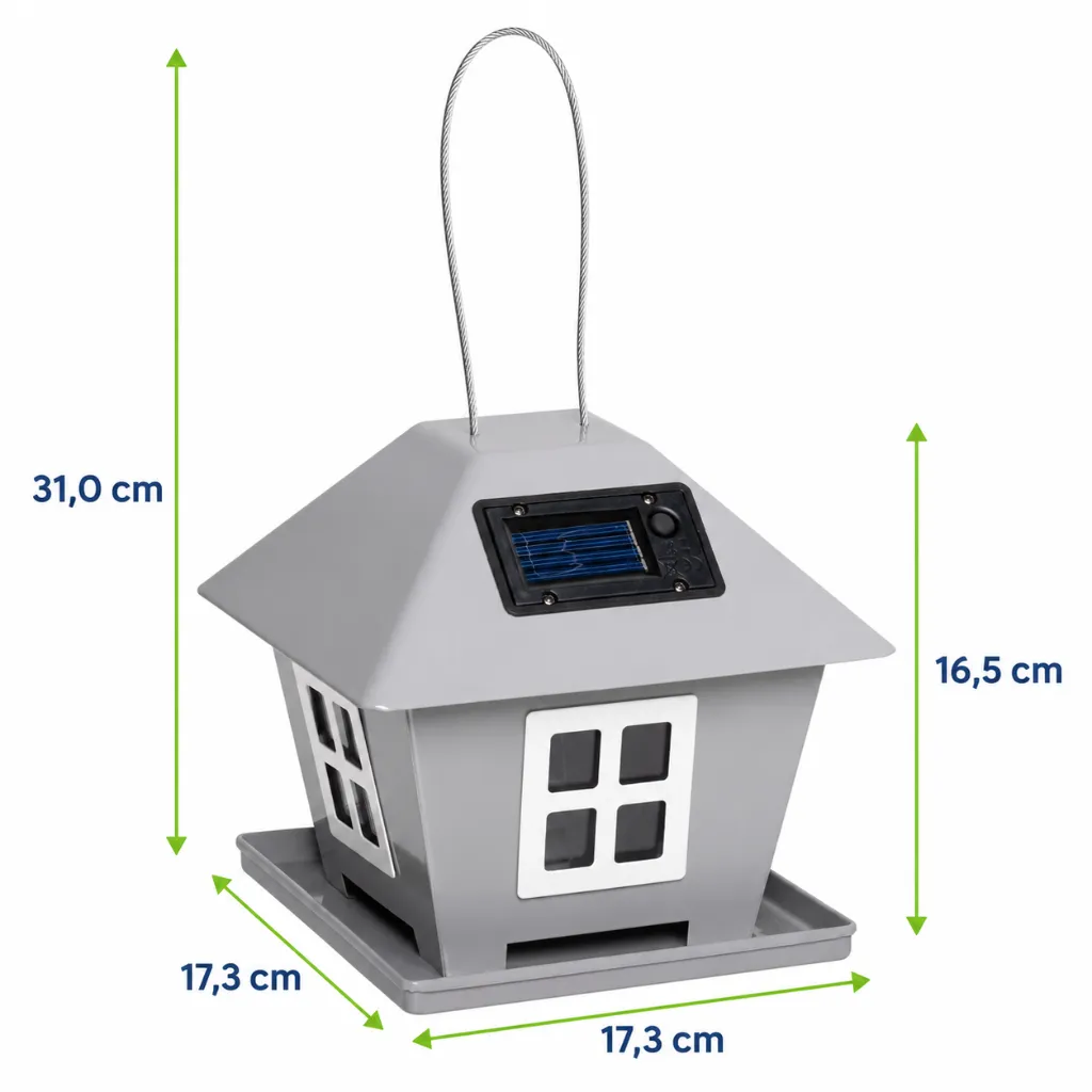 LED Solar Vogelfutterhaus mit Licht zum Aufhängen Garten Metall grau – Galeriebild 6, Artikelnummer 18296