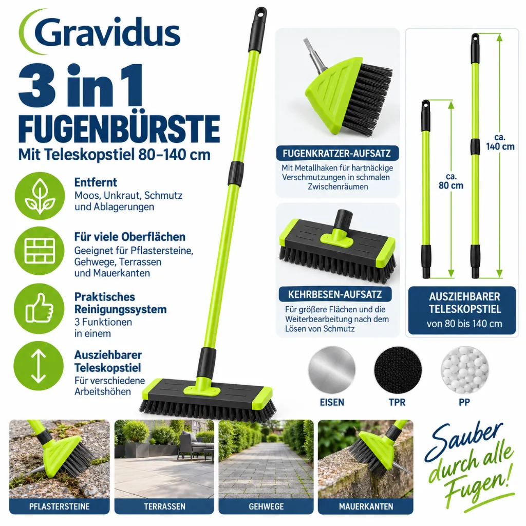 3 in 1 Fugenbürste mit Teleskopstiel 80–140 cm – Galeriebild 1, Artikelnummer 12779