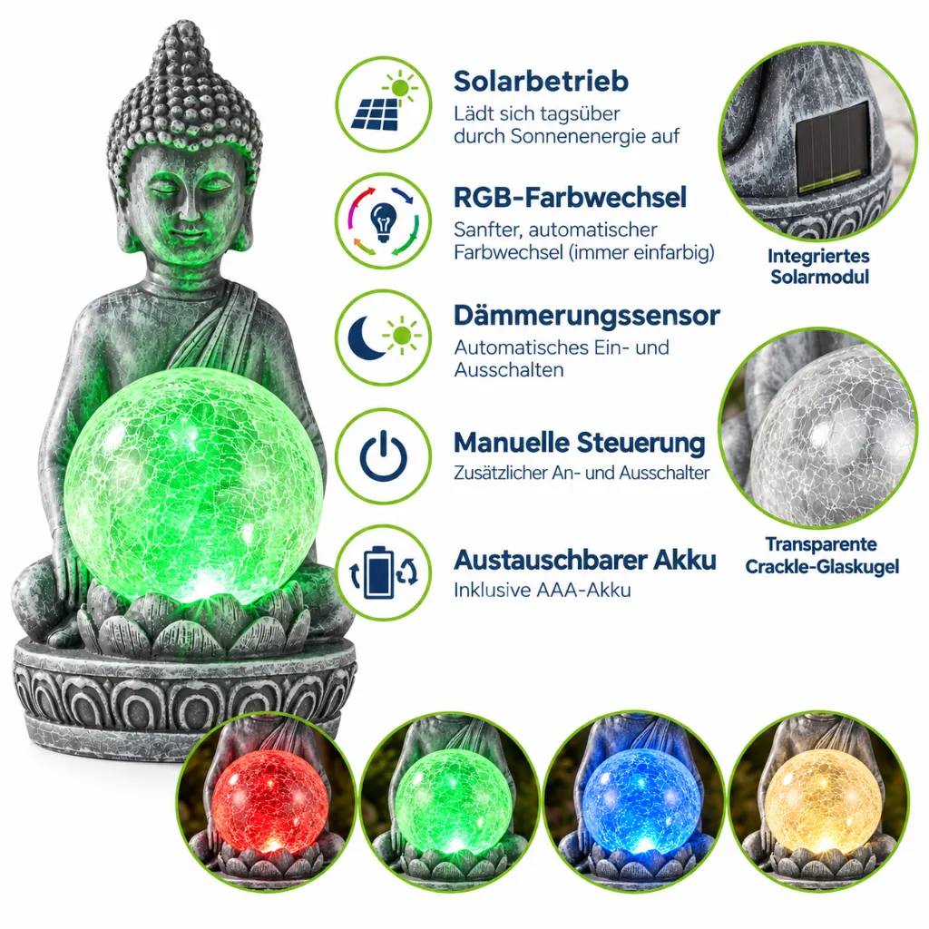 LED Solar Buddha Figur mit RGB Farbwechsel und Glaskugel 19,5 cm – Galeriebild 1, Artikelnummer 18534