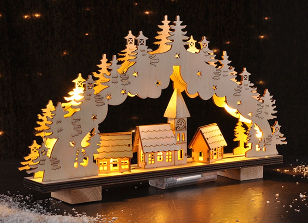 LED Lichterbogen Leuchtbogen Schwibbogen Weihnachten Kirche Dorf Holz