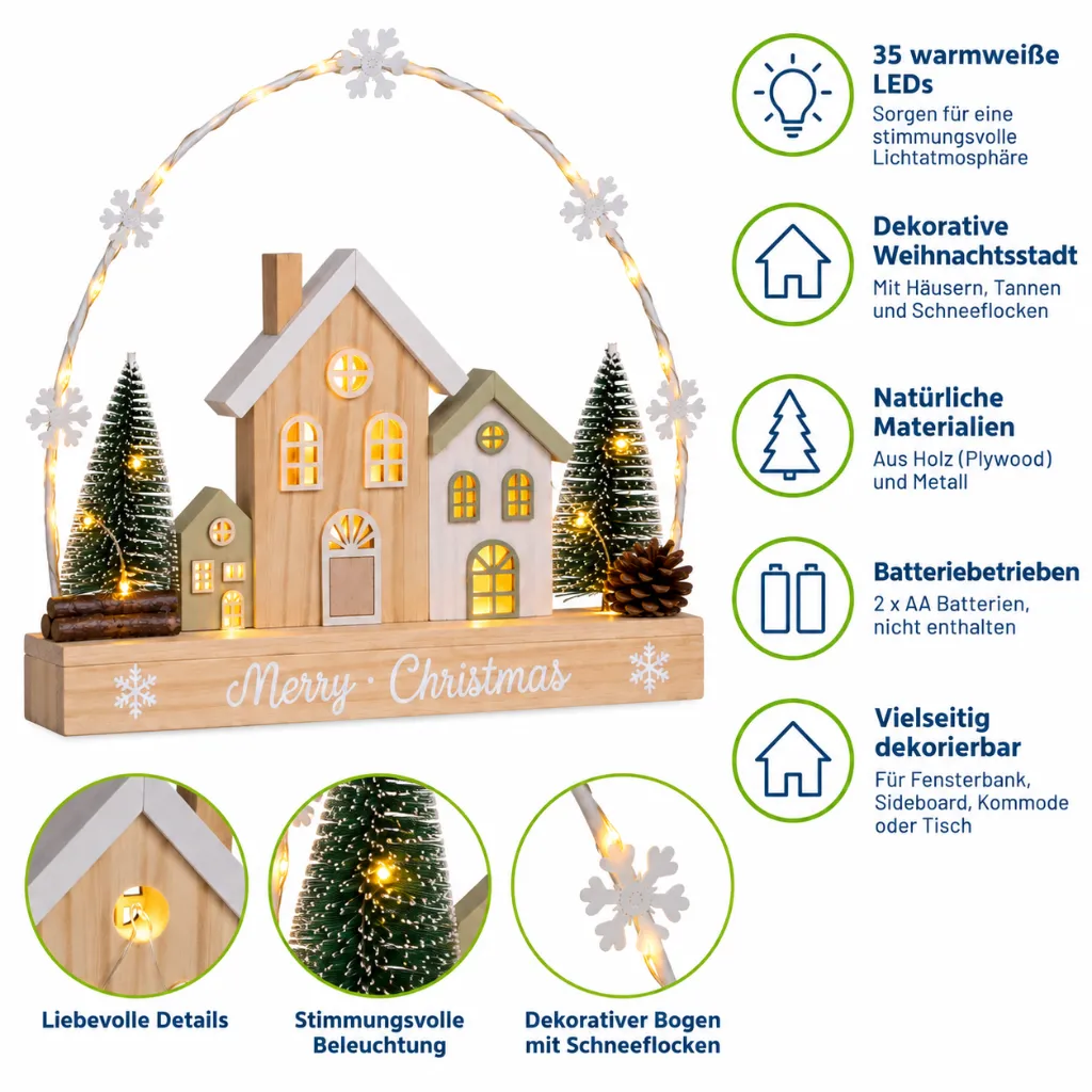 LED Weihnachtsstadt mit Gravur Merry Christmas – 35 warmweiße LEDs – Galeriebild 4, Artikelnummer 18316