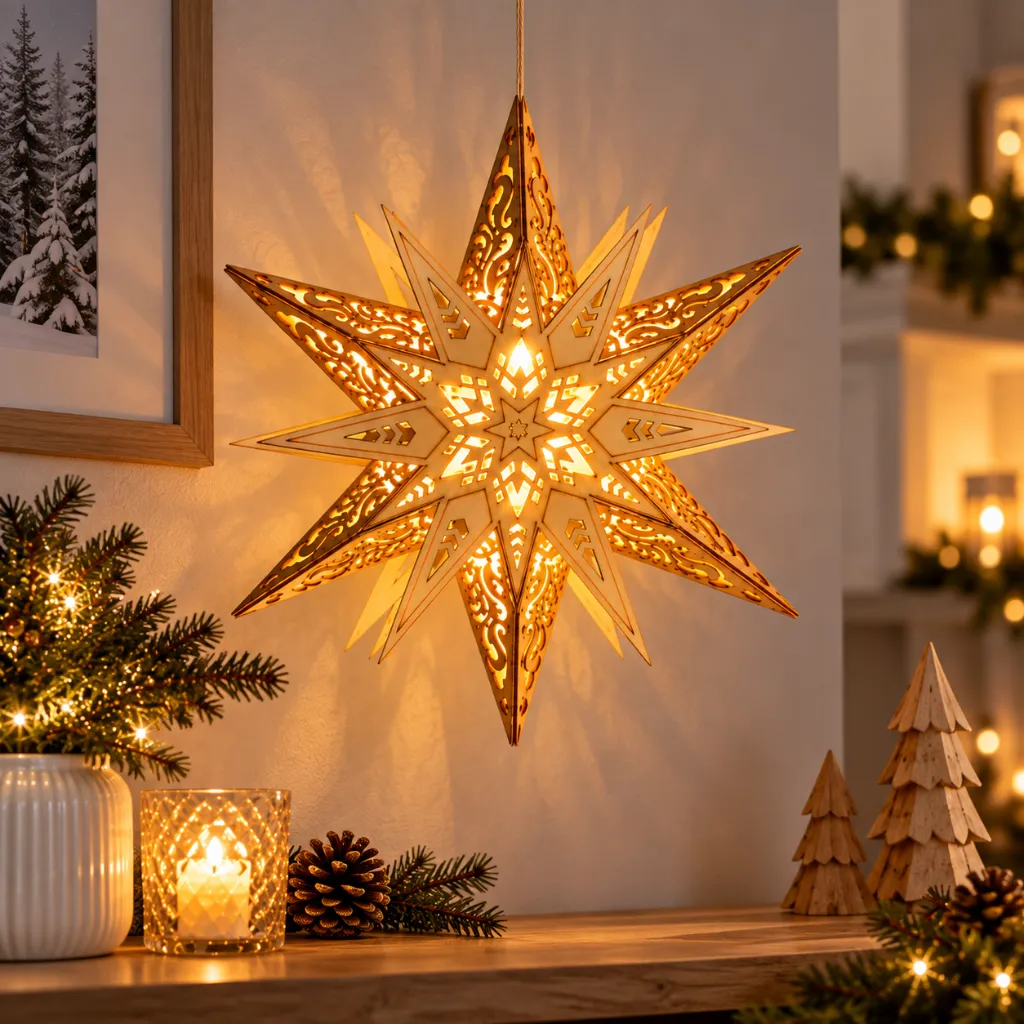 LED Weihnachtsstern Holz 6 warmweiße LEDs Batteriebetrieb Ø29 cm – Galeriebild 3, Artikelnummer 3100