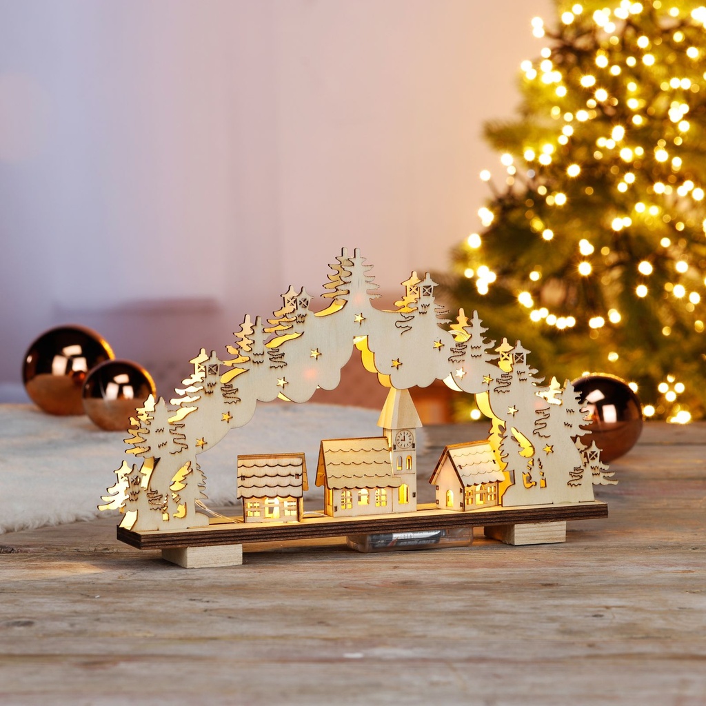 LED Lichterbogen Leuchtbogen Schwibbogen Weihnachten Kirche Dorf Holz – Galeriebild 1, Artikelnummer 8114