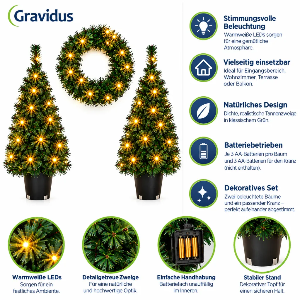 LED Weihnachtsdeko Set 2 Weihnachtsbäume 90 cm mit Kranz 45 cm – Galeriebild 5, Artikelnummer 15965