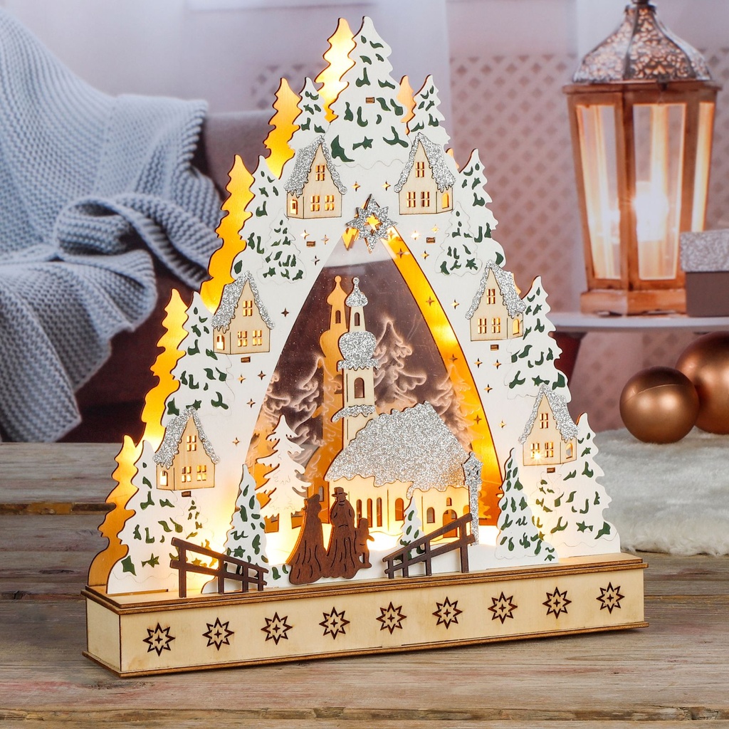 10 LED Weihnachtsstadt Winterdorf Holz
