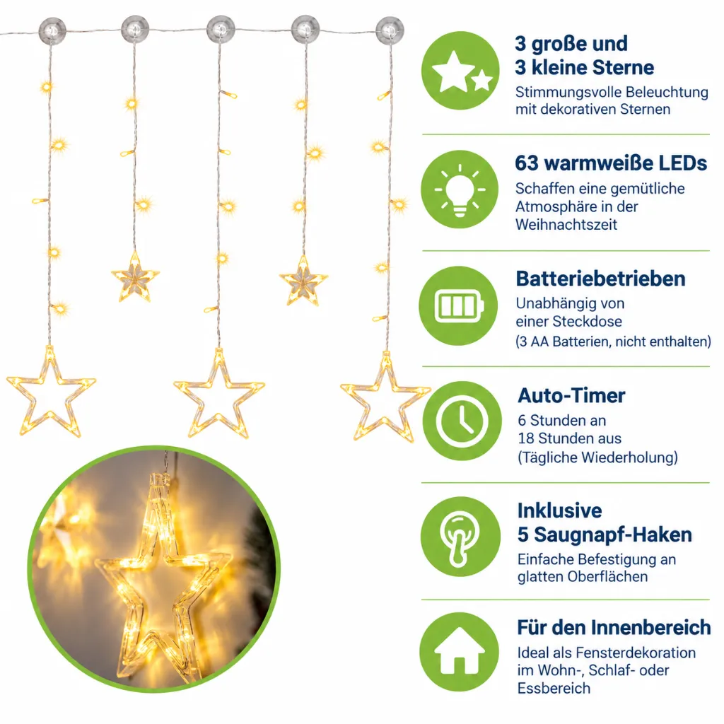 LED Batterie-Sternenvorhang mit 63 warmweißen LEDs – Galeriebild 1, Artikelnummer 17552