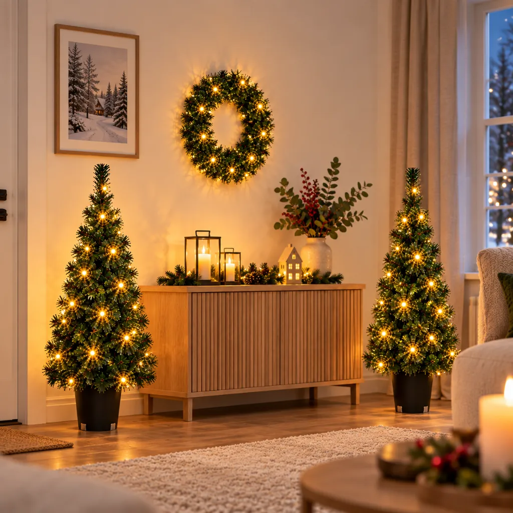 LED Weihnachtsdeko Set 2 Weihnachtsbäume 90 cm mit Kranz 45 cm – Galeriebild 5, Artikelnummer 15965