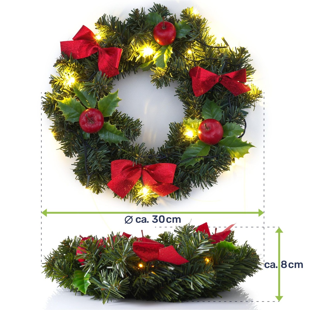 LED Türkranz Ø30 cm mit roten Schleifen Äpfeln 15 warmweißen LEDs – Galeriebild 13, Artikelnummer 2501