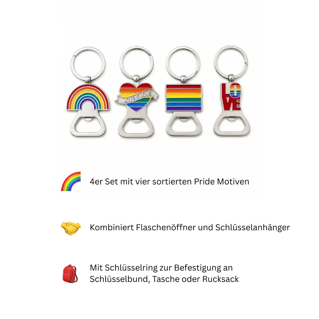 Flaschenöffner Schlüsselanhänger 4er Set Pride Metall 8 cm – Galeriebild 1, Artikelnummer 18437