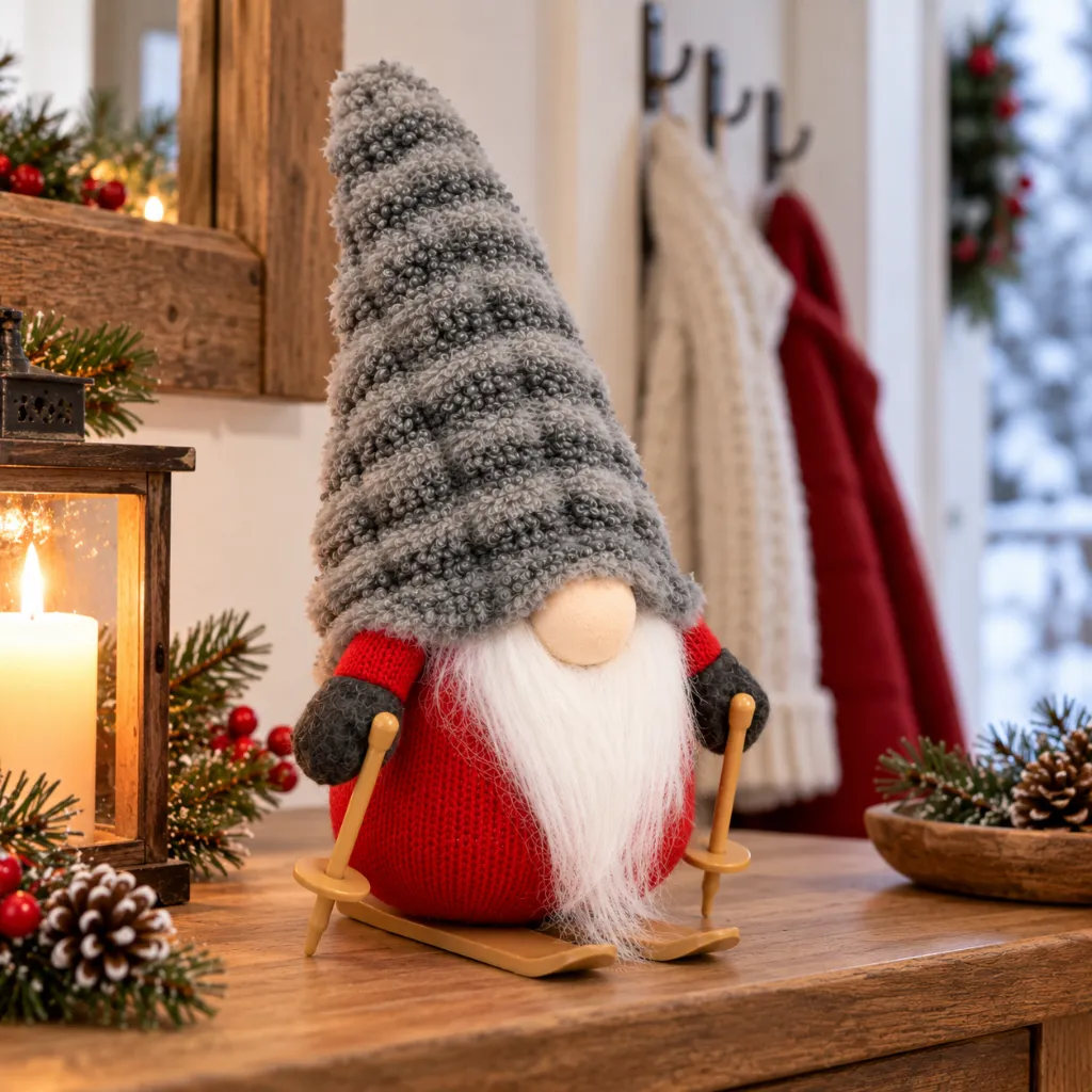 Dekofigur Wichtel mit Ski 20 cm graue Zipfelmütze Weihnachtsdeko – Galeriebild 1, Artikelnummer 18498