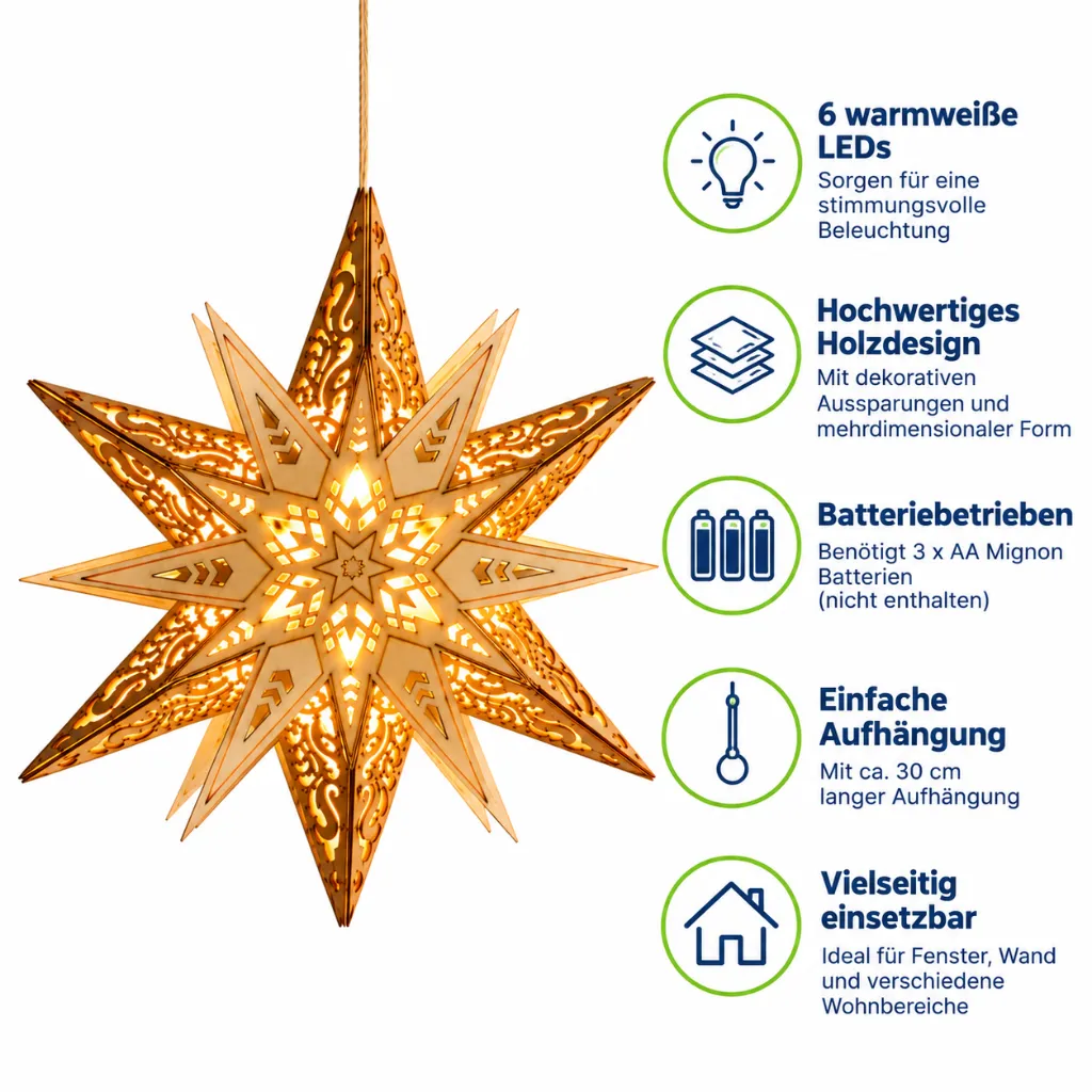 LED Weihnachtsstern Holz 6 warmweiße LEDs Batteriebetrieb Ø29 cm – Galeriebild 3, Artikelnummer 3100