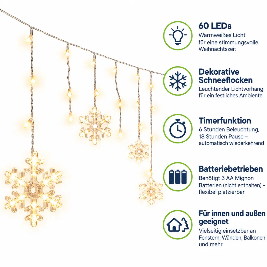 Schneeflocken Lichterkette 60 LED warmweiß 210 x 68 cm – Galeriebild 1, Artikelnummer 15974