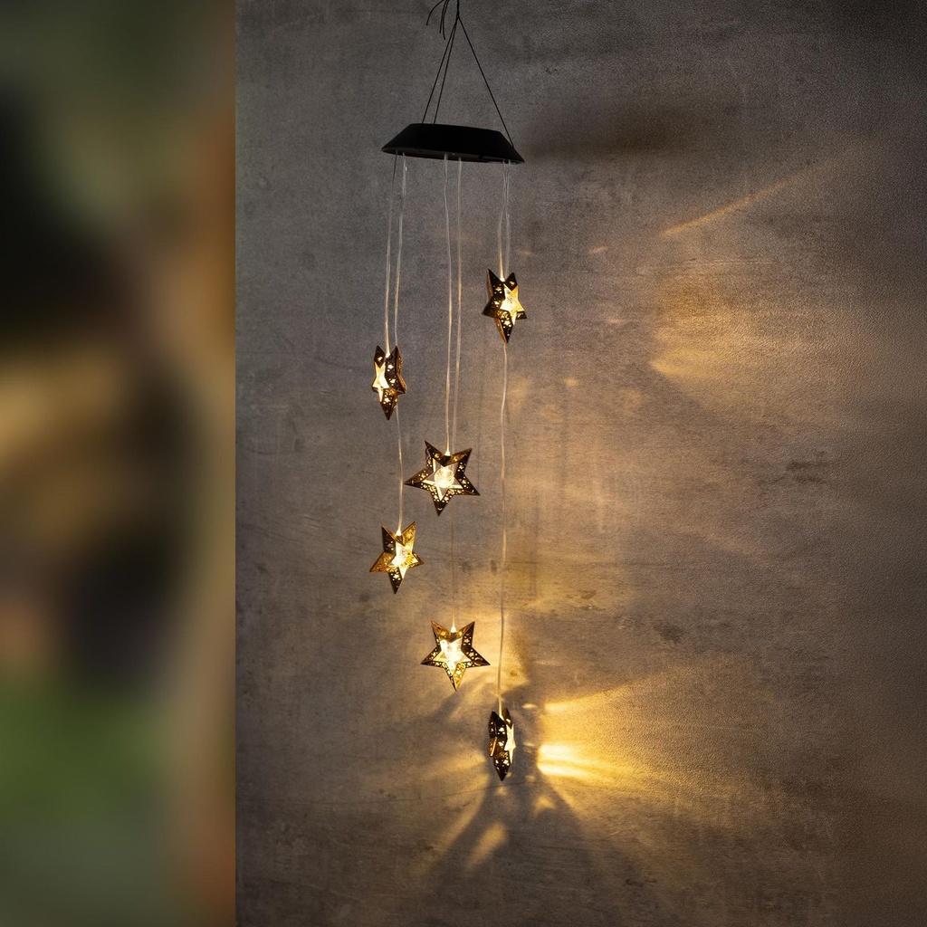 LED Solar Hänge-Windspiel Sternenstaub mit 6 Metallsternen warmweiß – Galeriebild 1, Artikelnummer 18320