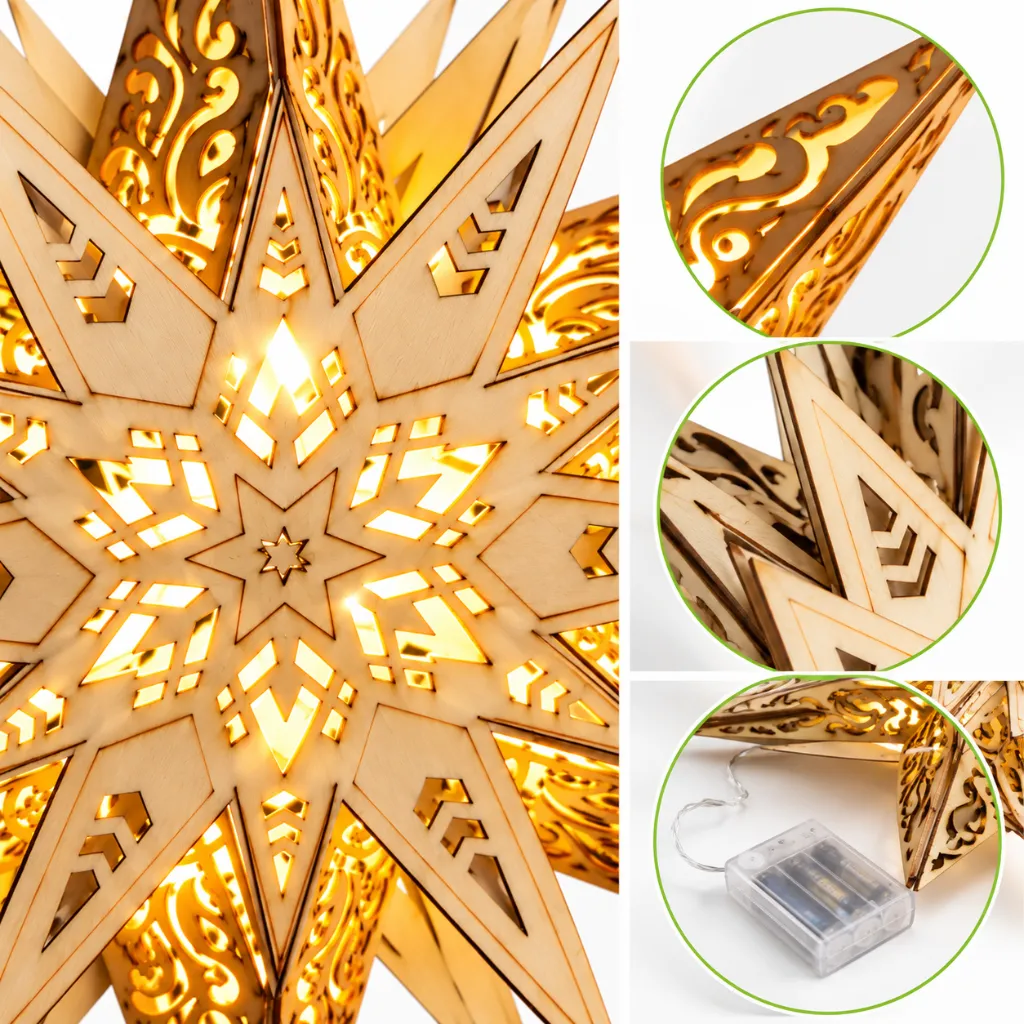 LED Weihnachtsstern Holz 6 warmweiße LEDs Batteriebetrieb Ø29 cm – Galeriebild 3, Artikelnummer 3100