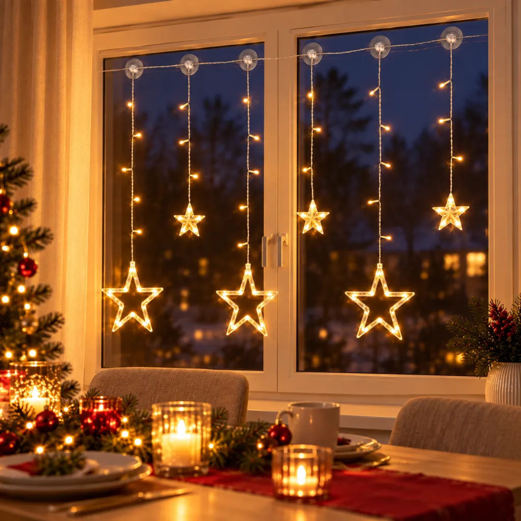 LED Batterie-Sternenvorhang mit 63 warmweißen LEDs – Galeriebild 1, Artikelnummer 17552