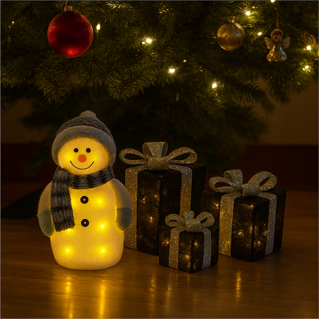 LED Schneemann mit 3er Set Geschenkboxen warmweiß Timer schwarz silber – Galeriebild 1, Artikelnummer 18299