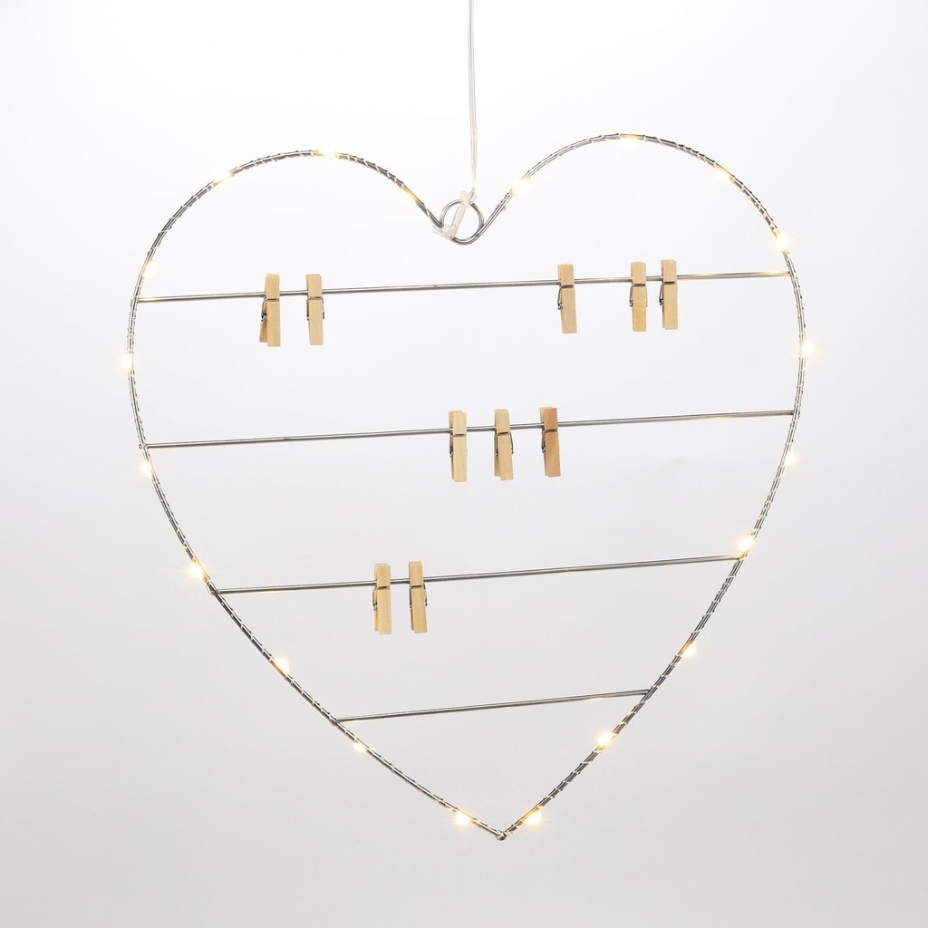 LED Herz 20 warmweiße LEDs mit Holzklammern silber batteriebetrieben – Galeriebild 1, Artikelnummer 18290