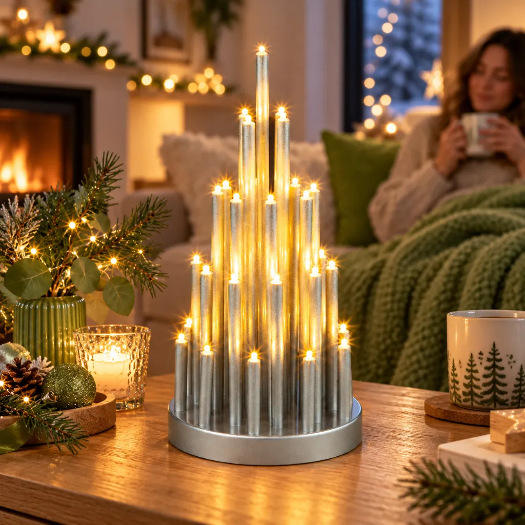 Stimmungsleuchter mit 33 LED rund, silber mit Timer – Galeriebild 1, Artikelnummer 18513