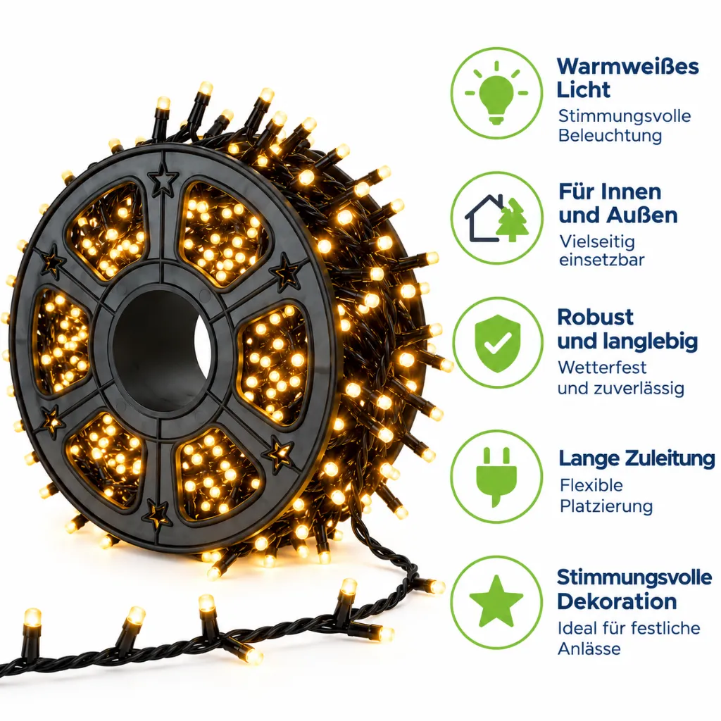 1000 LED Lichter auf Kunststoffrad für den Aussengebrauch, warmweiß – Galeriebild 2, Artikelnummer 18520
