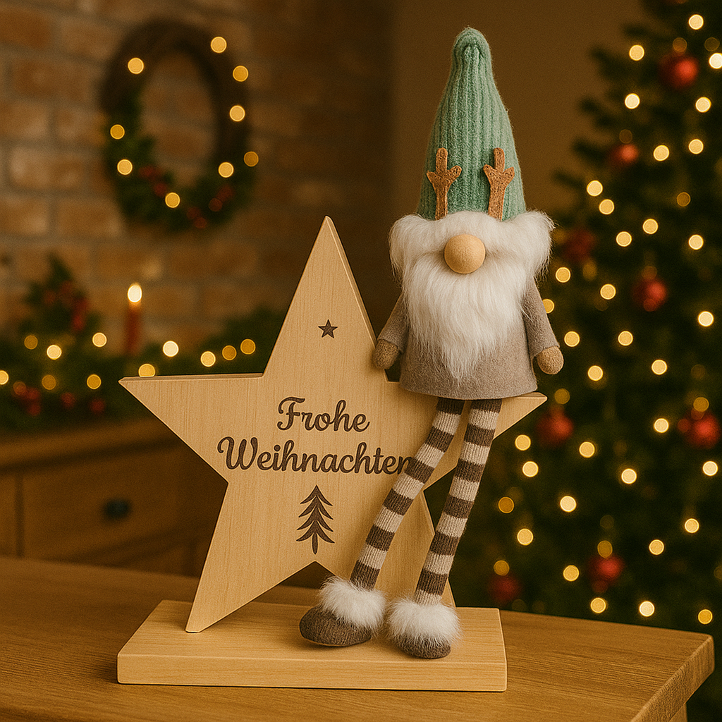 Holzstern mit Weihnachtswichtel und Aufschrift Frohe Weihnachten – Galeriebild 2, Artikelnummer 18283