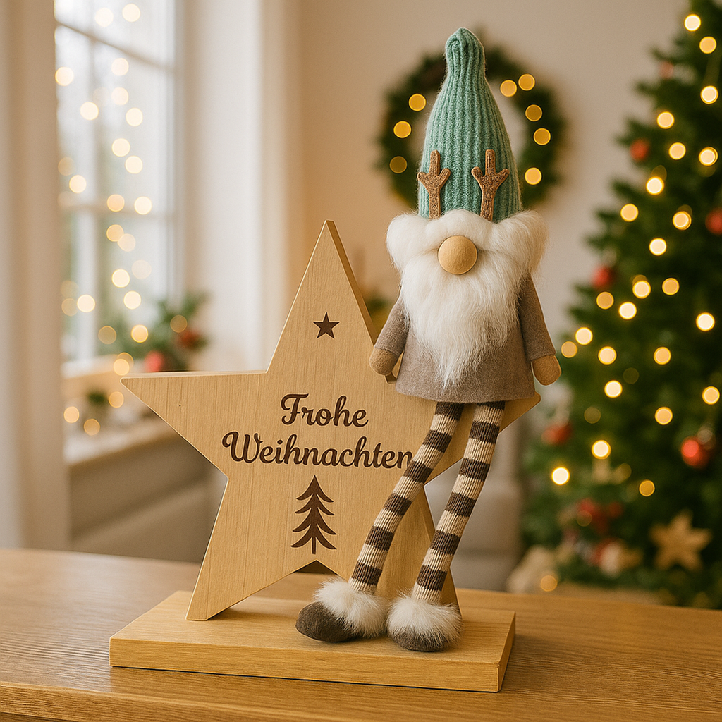 Holzstern mit Weihnachtswichtel und Aufschrift Frohe Weihnachten – Galeriebild 1, Artikelnummer 18283