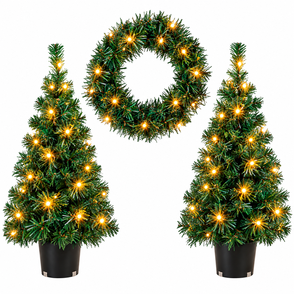 LED Weihnachtsdeko Set 2 Weihnachtsbäume 90 cm mit Kranz 45 cm, Artikelnummer 15965
