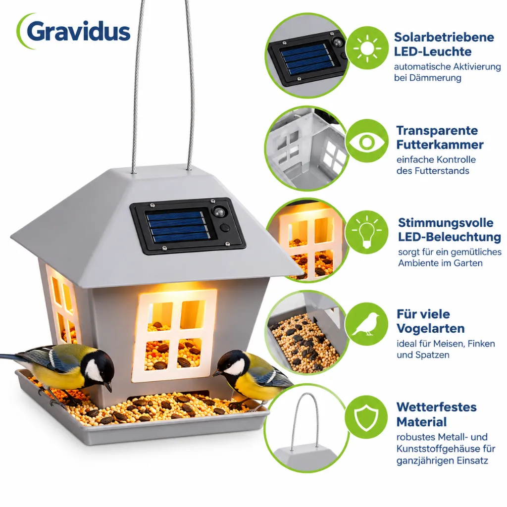LED Solar Vogelfutterhaus mit Licht zum Aufhängen Garten Metall grau – Galeriebild 6, Artikelnummer 18296