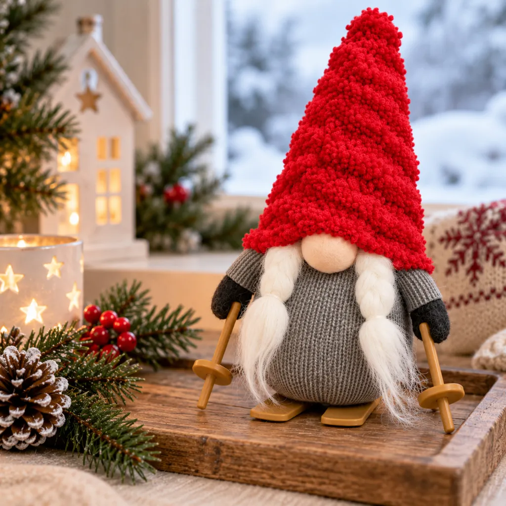 Dekofigur Wichtel mit Ski 20 cm rote Zipfelmütze Weihnachtsdeko – Galeriebild 1, Artikelnummer 18500