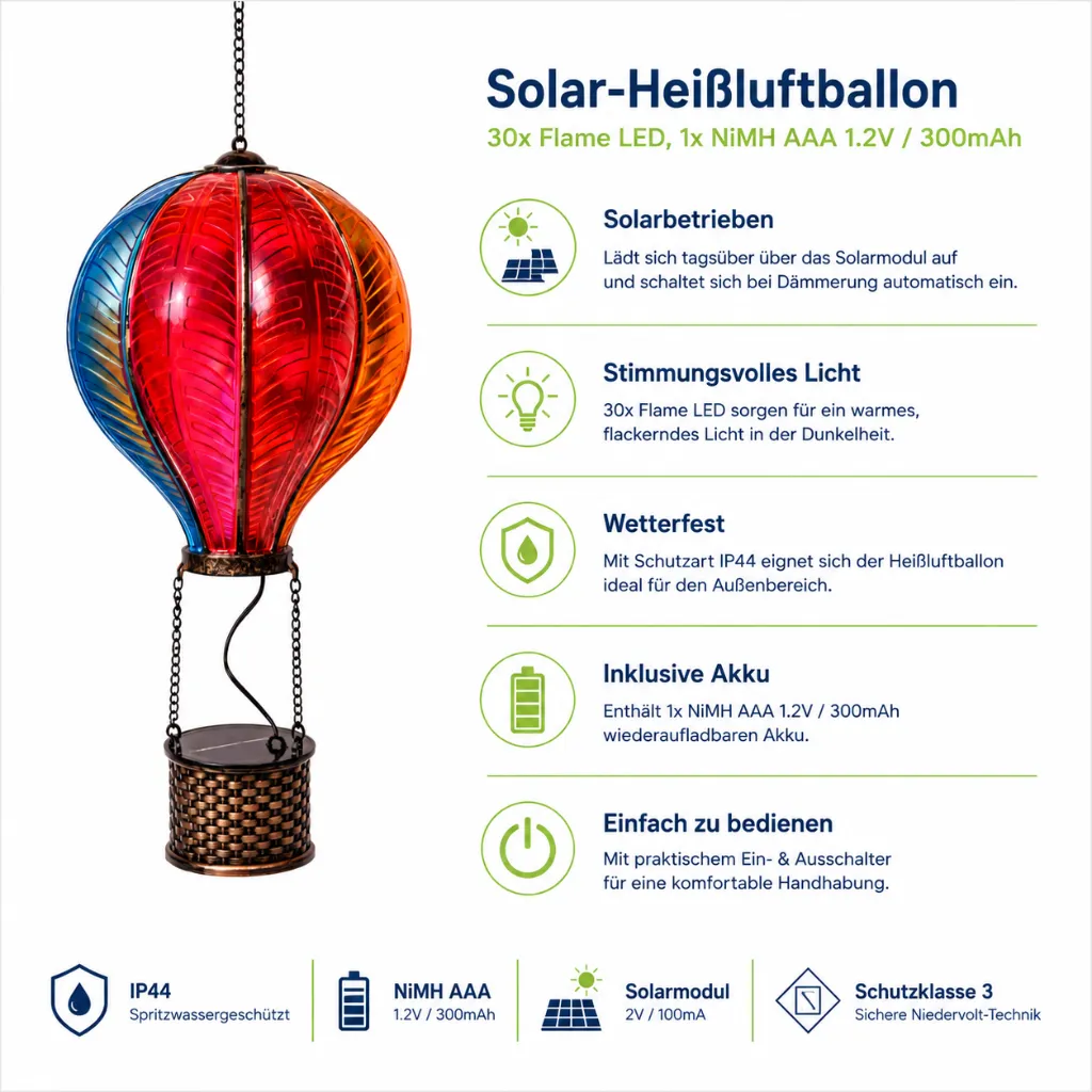 Solar Heißluftballon 56 cm mit 30 Flame LEDs mehrfarbig – Galeriebild 1, Artikelnummer 18495