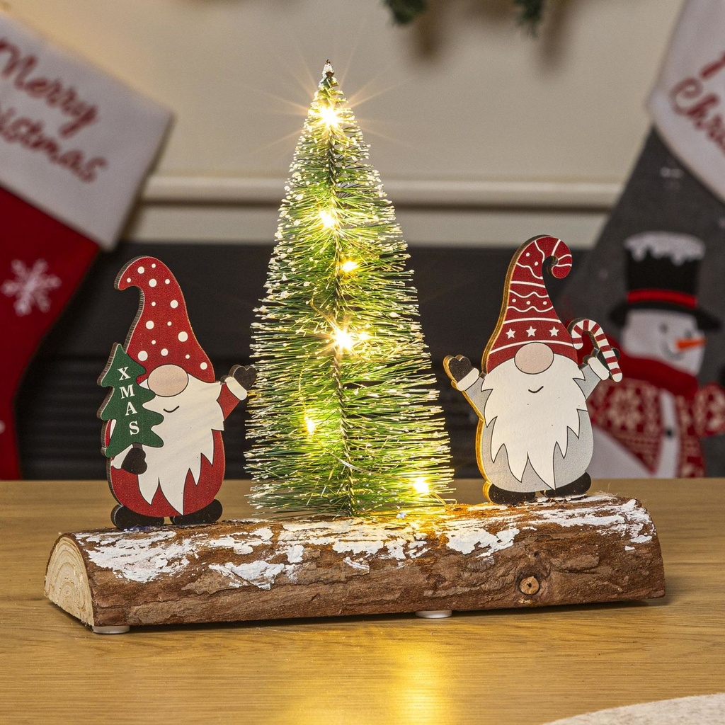 Deko Weihnachtswichtel mit LED Tannenbaum auf Baumstamm 20x15 cm Holz