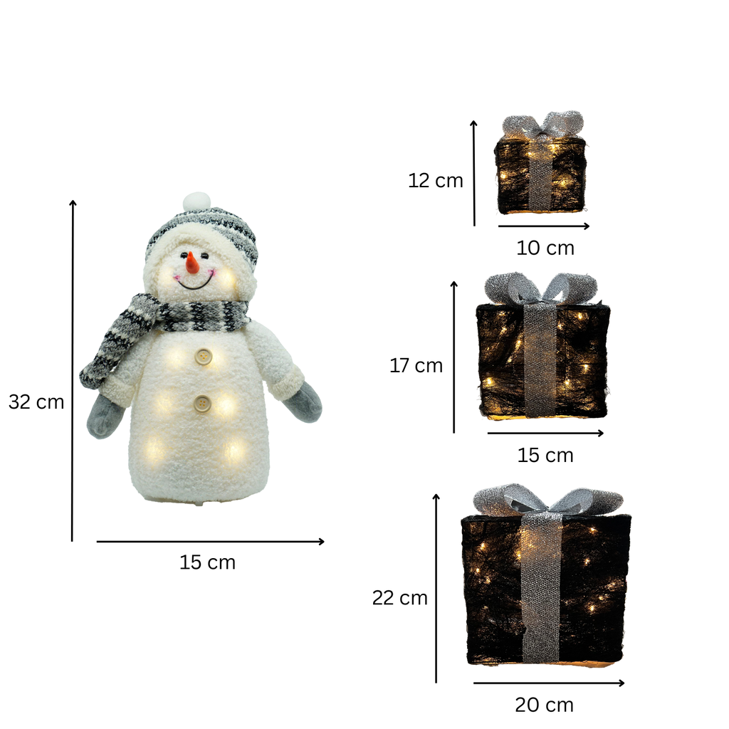 LED Schneemann mit 3er Set Geschenkboxen warmweiß Timer schwarz silber – Galeriebild 7, Artikelnummer 18299