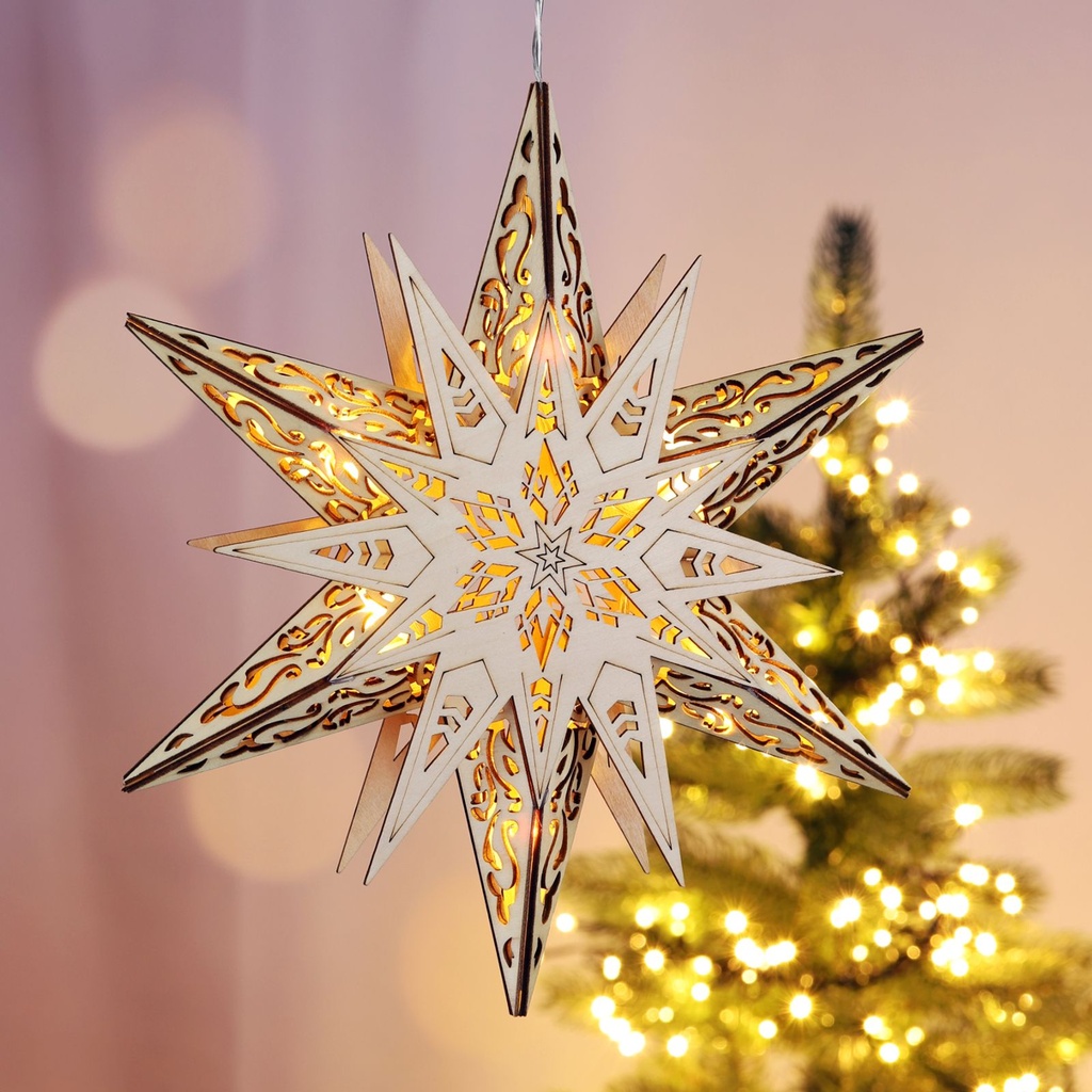 LED Weihnachtsstern Holz 6 warmweiße LEDs Batteriebetrieb Ø29 cm