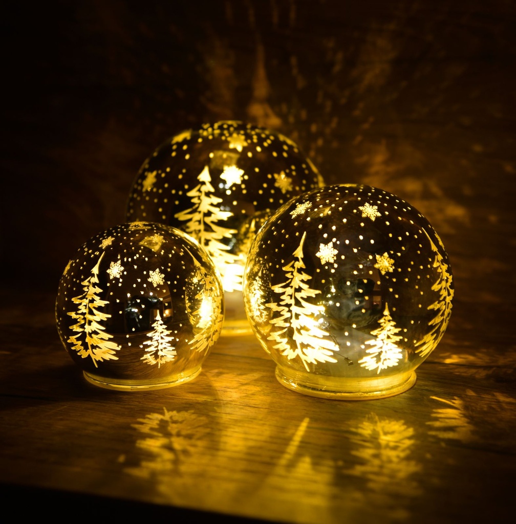 3er Set LED Kugel Winterlandschaft Glas silber Ø10/13/15cm mit Timer