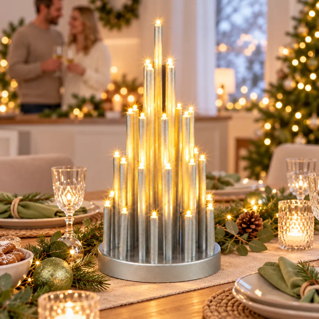 Stimmungsleuchter mit 33 LED rund, silber mit Timer – Galeriebild 1, Artikelnummer 18513
