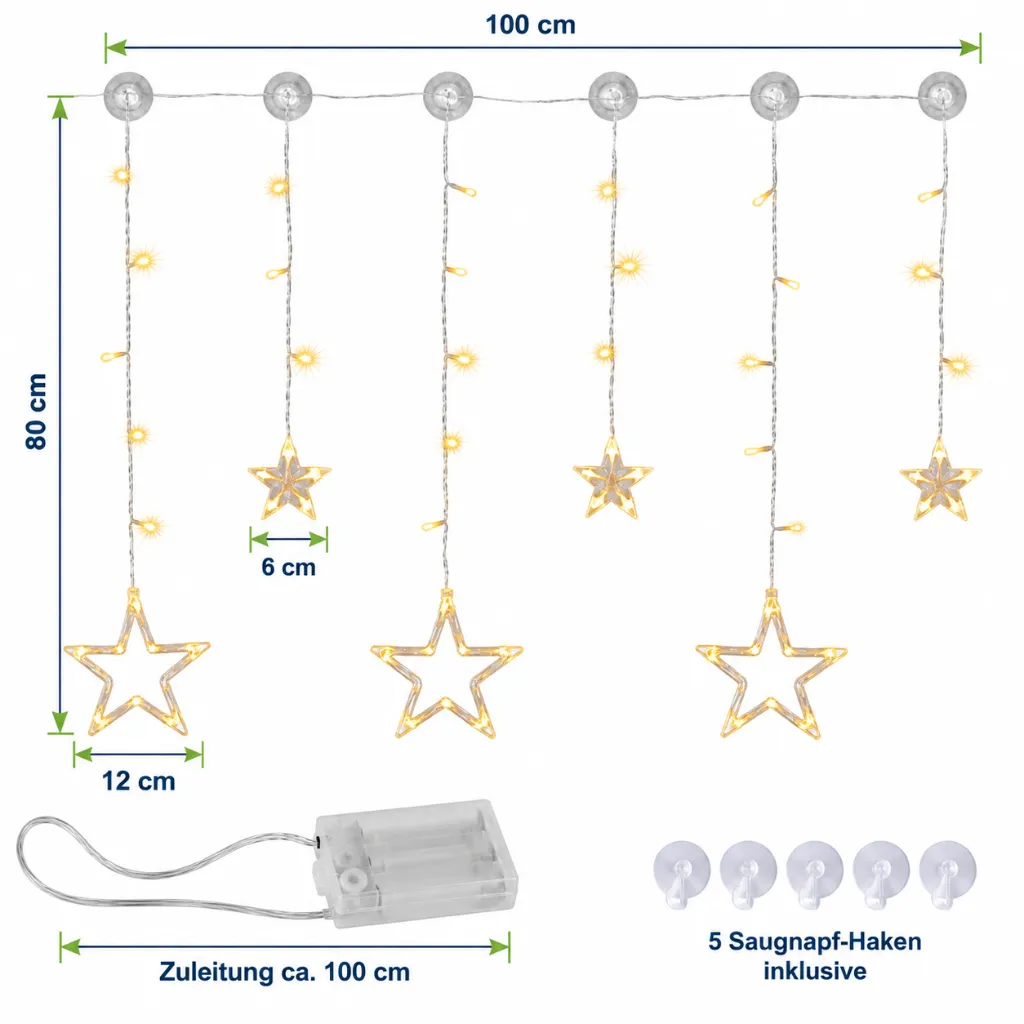 LED Batterie-Sternenvorhang mit 63 warmweißen LEDs – Galeriebild 1, Artikelnummer 17552